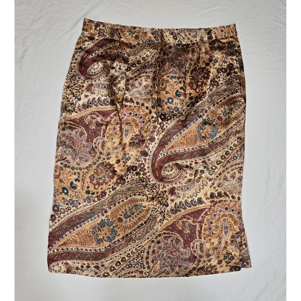 Vtg Unbranded 100% Silk Paisley Midi Skirt Zip Slit Lined Browns Feminine 14